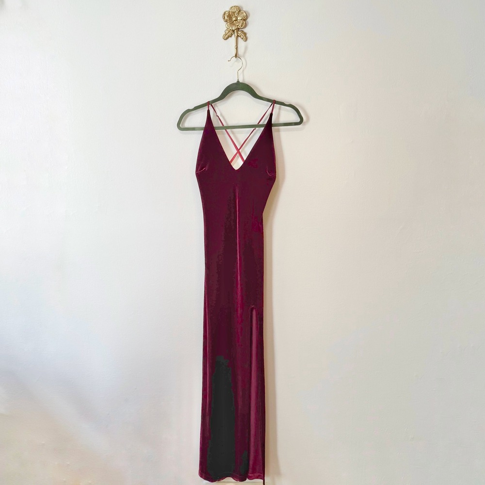 VTG 90s Teeze Me Burgundy Velvet Maxi Dress Thigh Slit Vampy Whimsigoth Formal